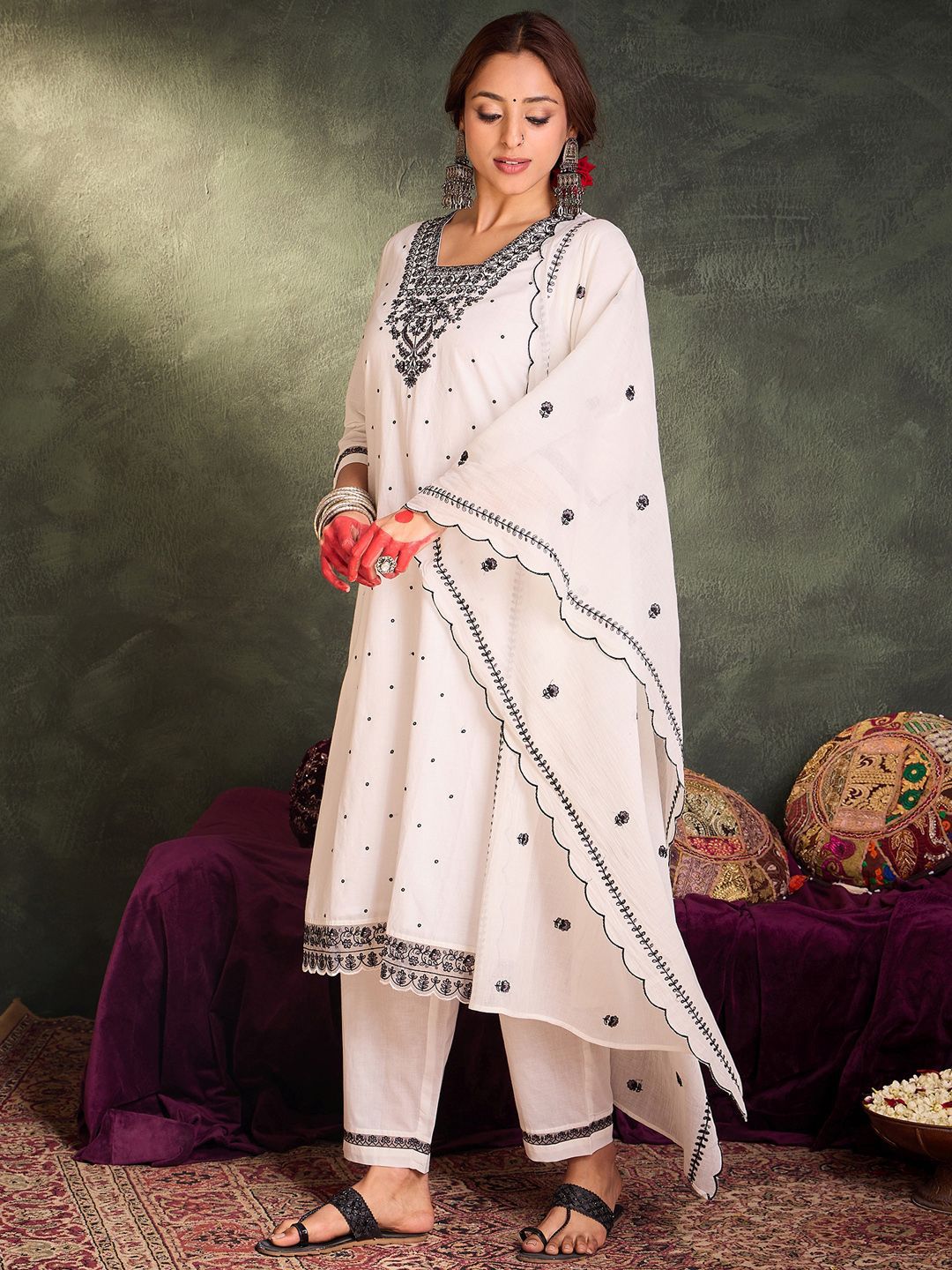 Indo Era Floral Embroidered Thread Work Pure Cotton Kurta With Trousers & Dupatta | Grocsy