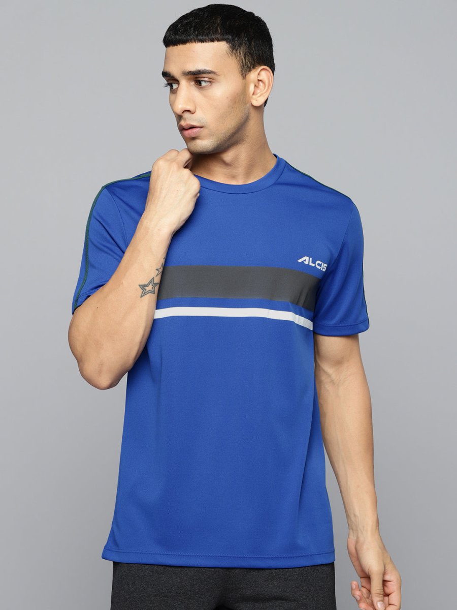 Alcis Men Blue & Black Striped Detail Slim Fit T-shirt | Grocsy