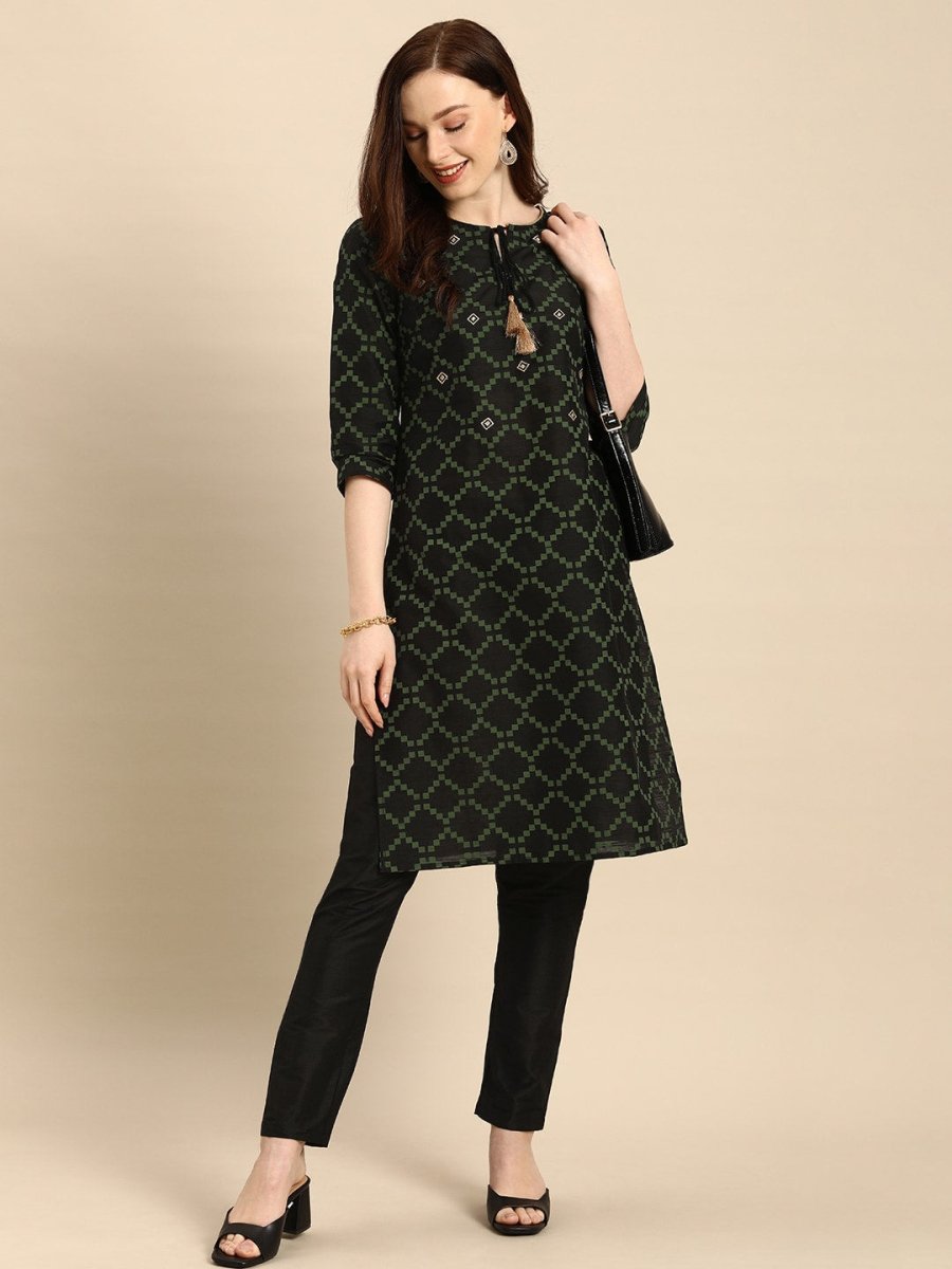 All About You Women Black & Green Printed Kurta with Trousers | Grocsy