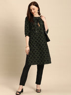 All About You Women Black & Green Printed Kurta with Trousers | Grocsy