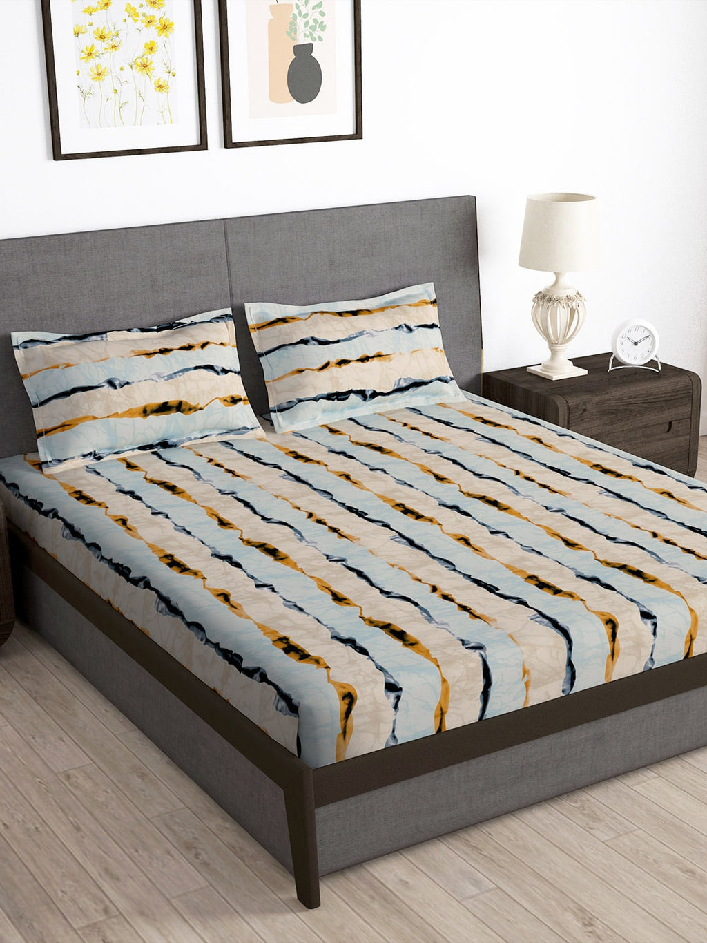 Story@home Arena Cream-Coloured & Grey Printed 180 TC Bedsheet & Pillow Covers | Grocsy