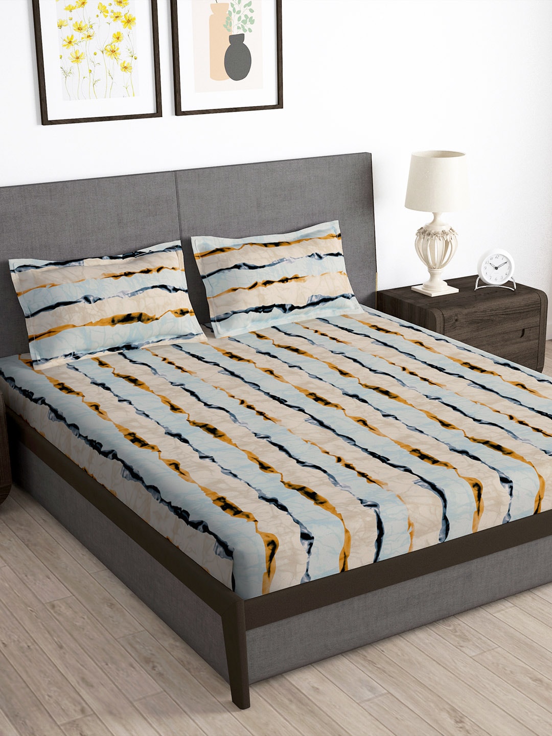 Story@home Arena Cream-Coloured & Grey Printed 180 TC Bedsheet & Pillow Covers | Grocsy