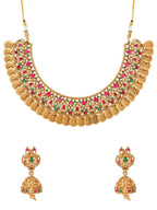 Aadita Gold-Polished Green & Pink Stone-Studded & Pearl Beaded Jewellery Set | Grocsy
