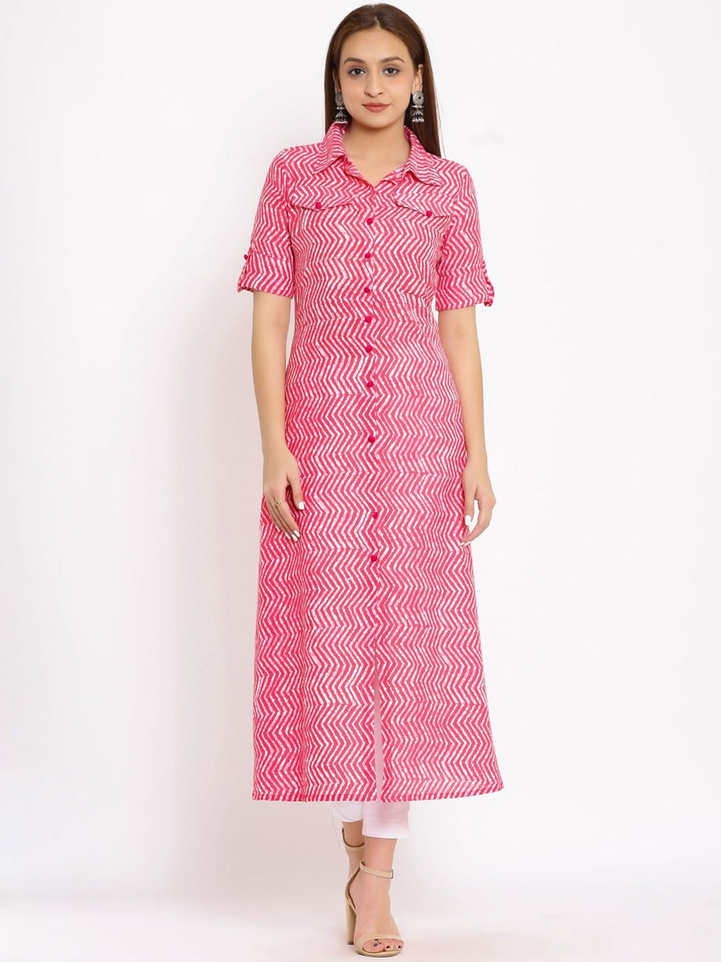 HERE&NOW Pink Shirt Collar Chevron Printed Roll Up Sleeves A-Line Kurta | Grocsy
