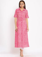 HERE&NOW Pink Shirt Collar Chevron Printed Roll Up Sleeves A-Line Kurta | Grocsy