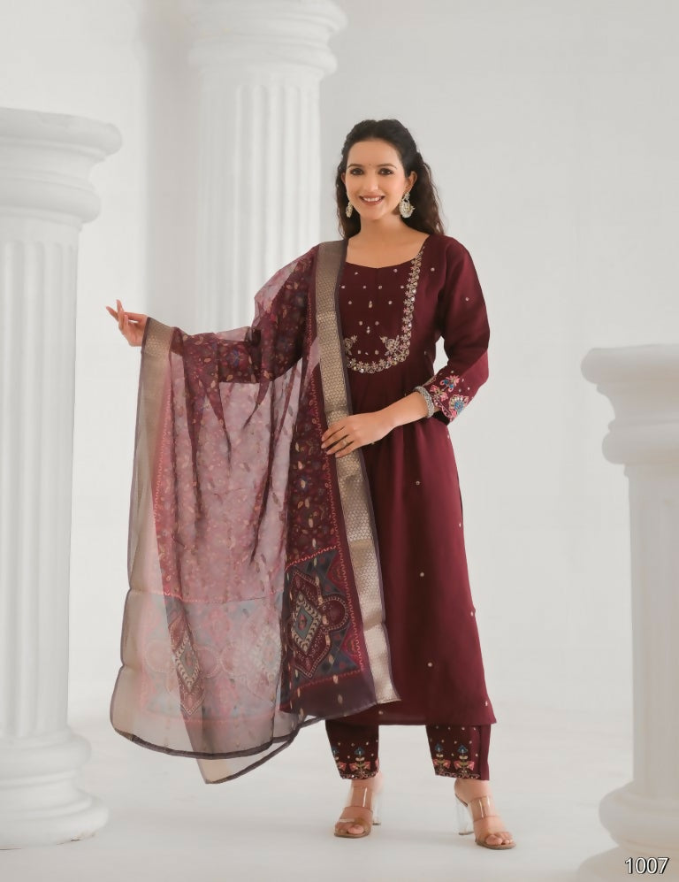 Festive Ethnic Viscose Chanderi Maroon Stitched Suit With Dupatta - Rashmika | Grocsy