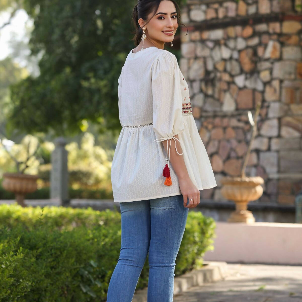 Juniper Women's Offwhite Cotton Solid With Embroidered Straight Tunic | Grocsy