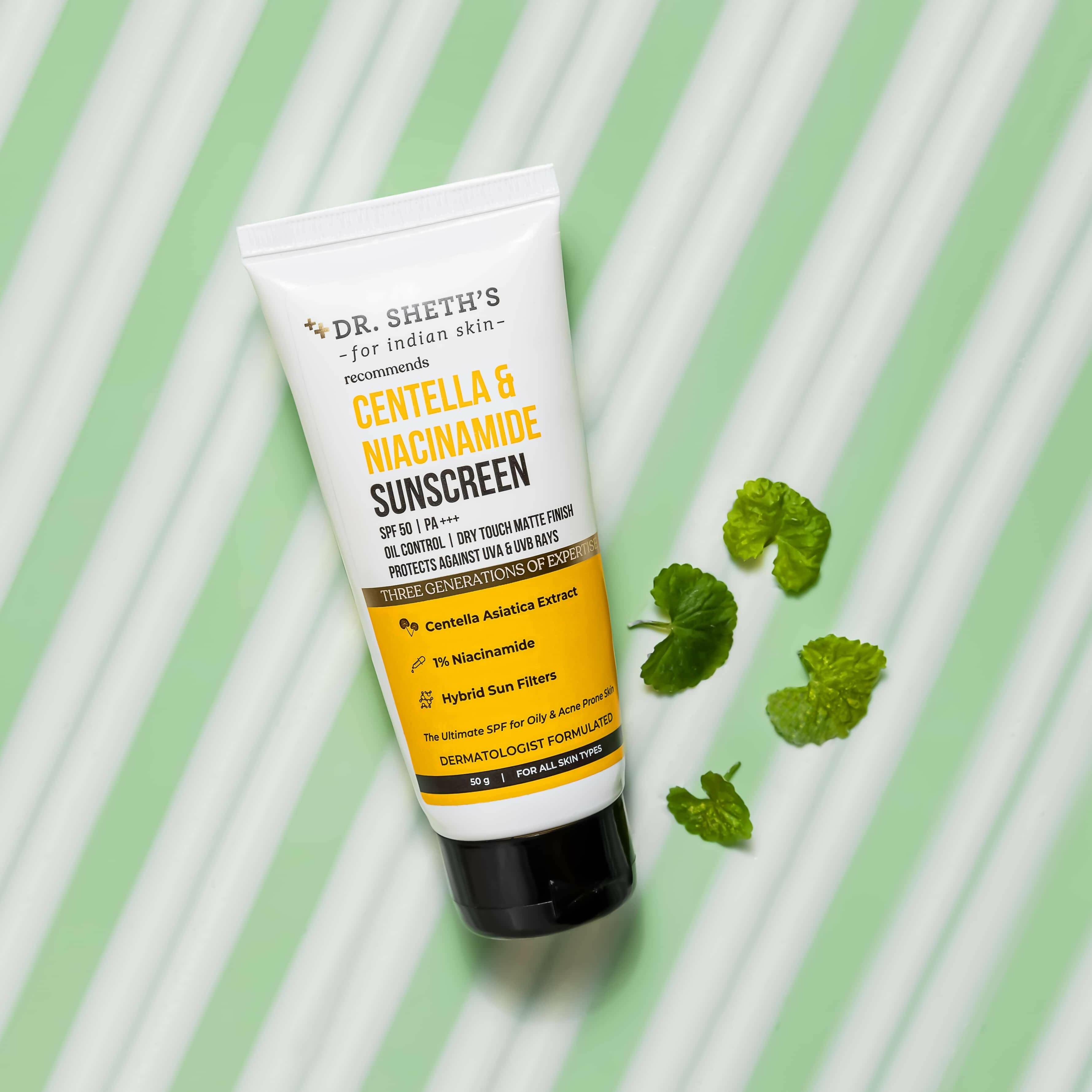 Dr. Sheth's Centella & Niacinamide Sunscreen SPF 50 PA+++ For Oily & Acne-Prone Skin Protects Against Uva & Uvb Rays | Grocsy
