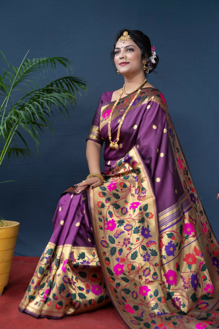Jyoti Fashion Women's Wine Paithani Silk Zari Woven Saree with Blouse | Grocsy