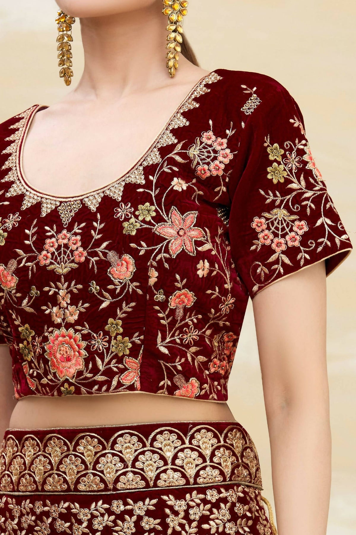 Maroon Velvet Semi-Stitched Wedding Bridal Lehenga - Nimaya | Grocsy
