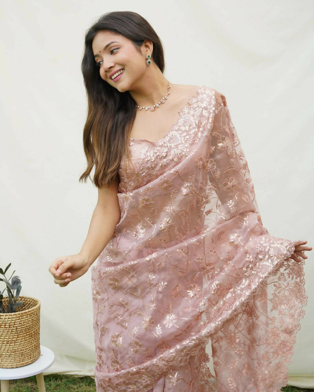 Vamsee Brown Organza Saree | Grocsy