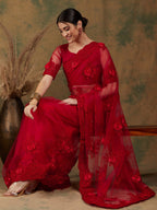 Sangria Red Floral Embroidered Saree | Grocsy