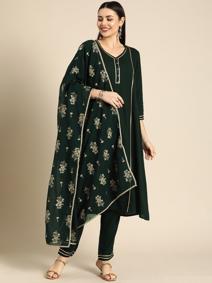 All About You Women Green & Gold-Toned Gotta Patti Kurta with Trousers & With Dupatta | Grocsy