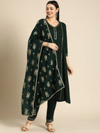 All About You Women Green & Gold-Toned Gotta Patti Kurta with Trousers & With Dupatta | Grocsy