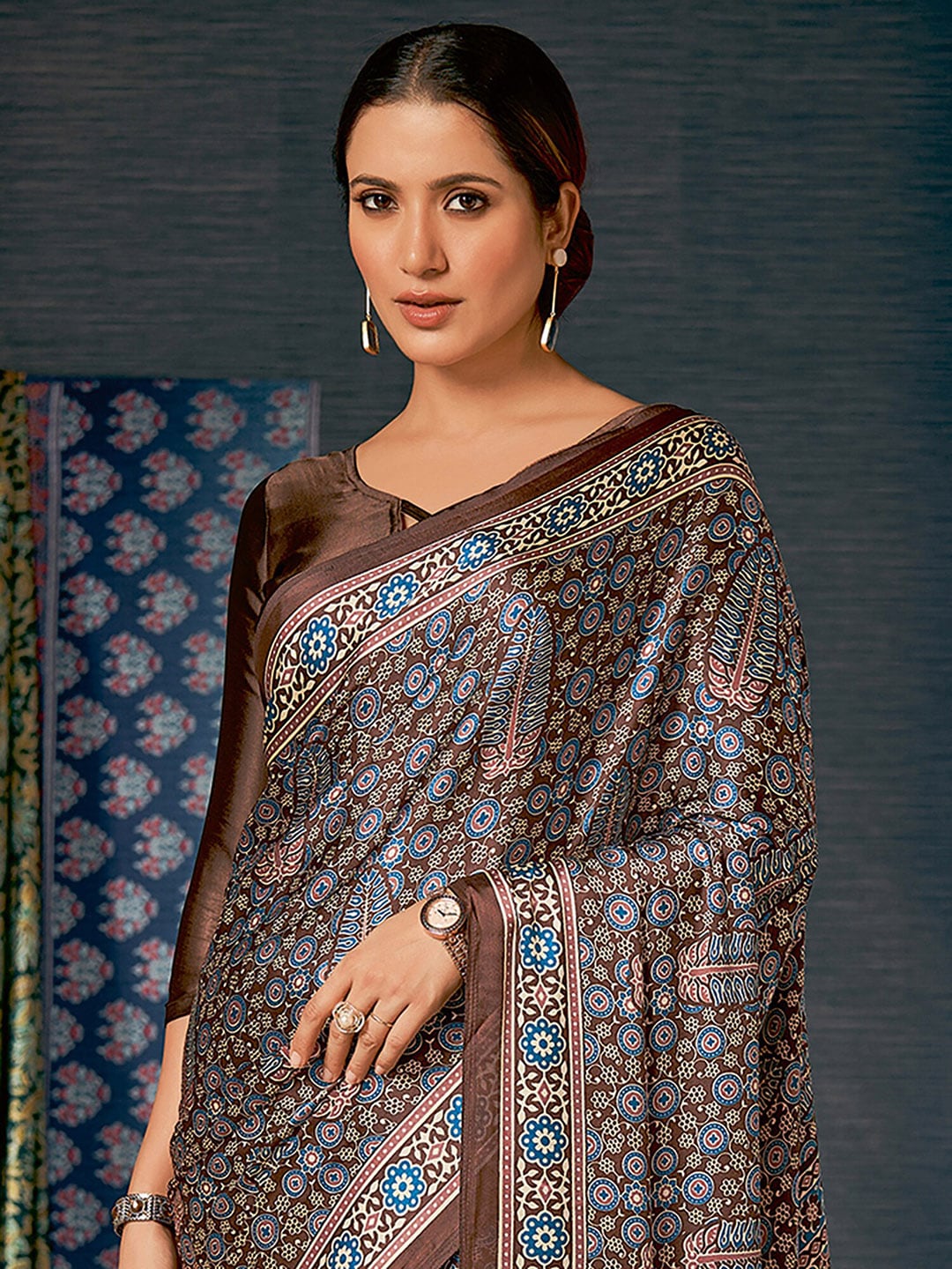 Saree Mall Brown & Blue Ethnic Motifs Printed Pure Crepe Block Print Saree | Grocsy