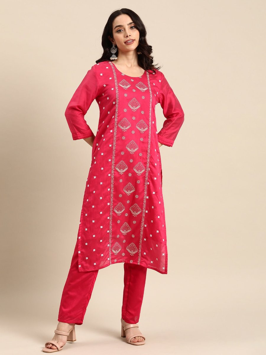 All About You Ethnic Motifs Embroidered Chanderi Silk Kurta with Trousers | Grocsy
