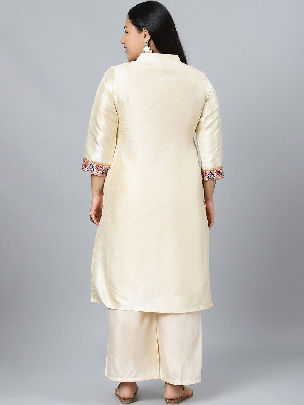 Sztori Plus Size Ethnic Motifs Printed Mandarin Collar Straight Kurta with Palazzos | Grocsy