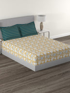 MYTRIDENT Mustard White Floral Cotton 144 TC Queen Bedsheet With 2 Pillow Covers | Grocsy
