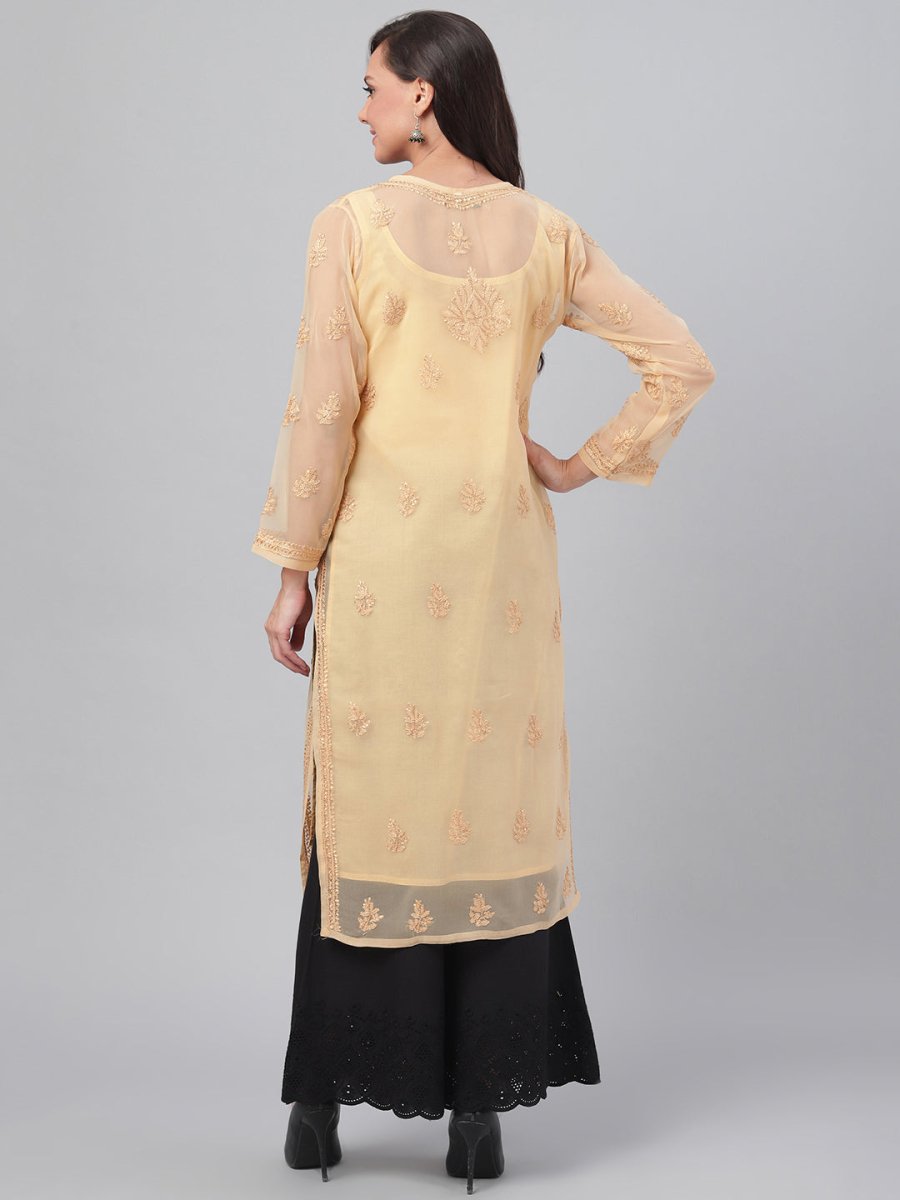 ADA Women Beige Chikankari Hand Embroidered Straight Sustainable Handloom Kurta With Slip | Grocsy