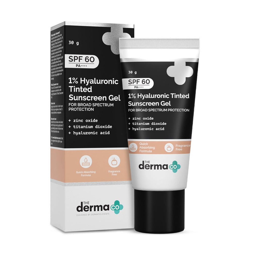 The Derma Co 1% Hyaluronic Tinted Sunscreen SPF 60 Gel PA++++ | Grocsy