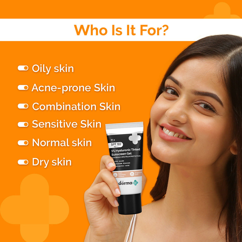 The Derma Co 1% Hyaluronic Tinted Sunscreen SPF 60 Gel PA++++ | Grocsy