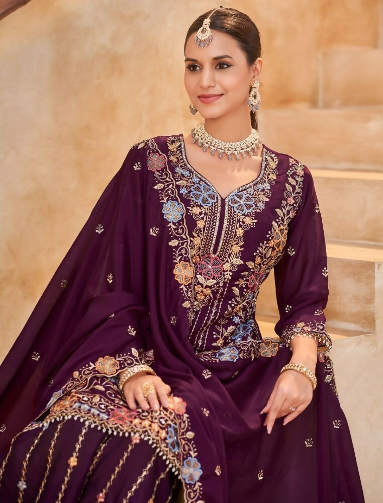 Anaita Maroon Vichitra Silk Readymade Palazzo Suit with Embroidery & Lace Work | Grocsy