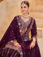 Anaita Maroon Vichitra Silk Readymade Palazzo Suit with Embroidery & Lace Work | Grocsy