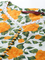 Sangria Women Yellow Floral Printed Lace Inserts Pure Cotton Kurta with Sharara & Dupatta | Grocsy