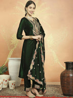 Jyoti Fashion Women's Green Velvet Cording with Resham Thread & Sequin Kurta with Trouser & Dupatta | Grocsy