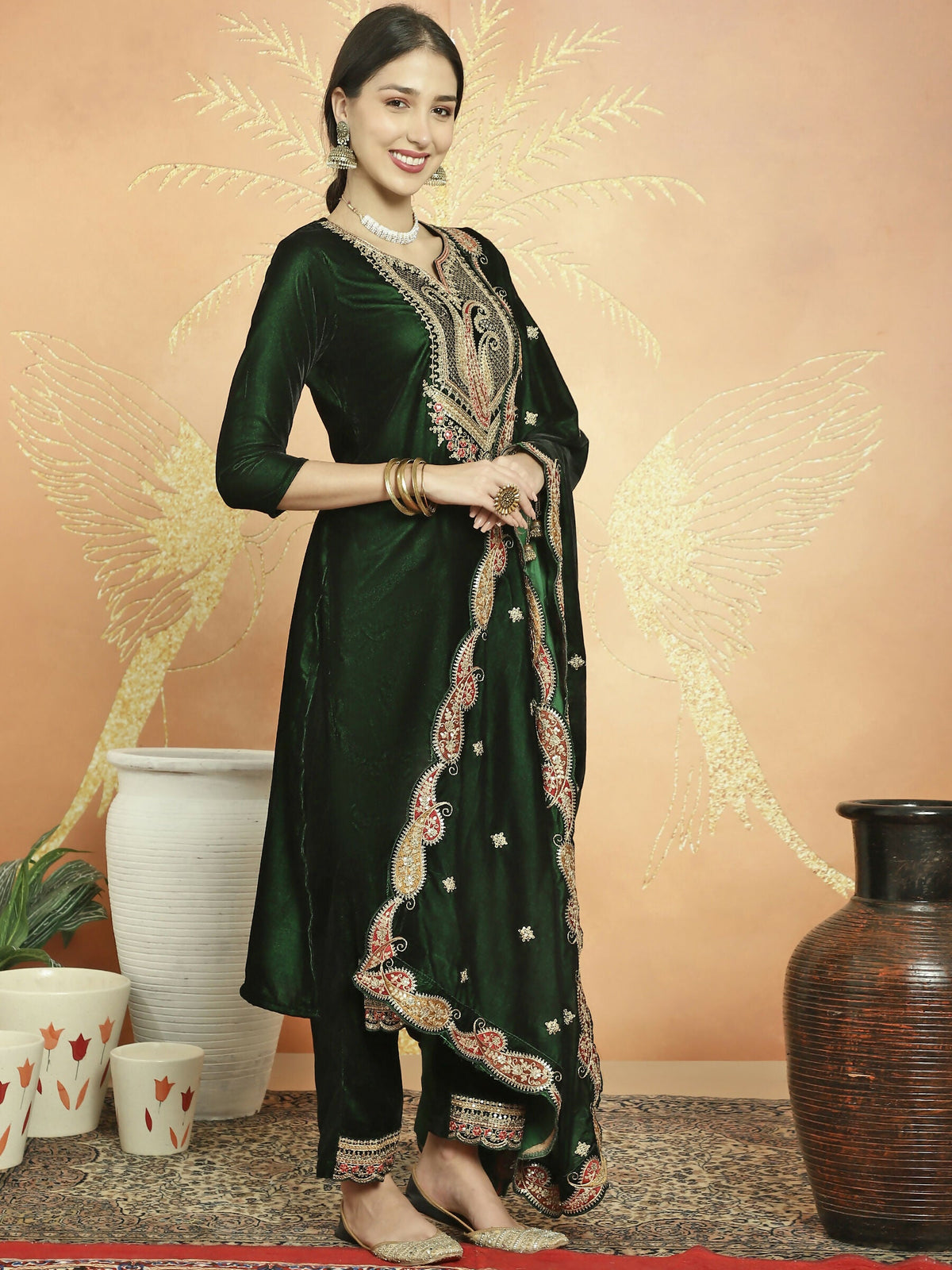 Jyoti Fashion Women's Green Velvet Cording with Resham Thread & Sequin Kurta with Trouser & Dupatta | Grocsy