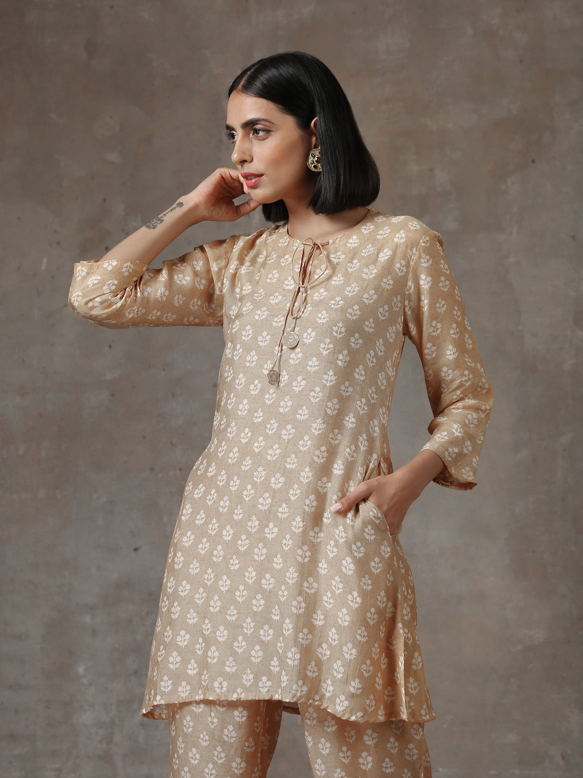 trueBrowns Beige White Printed Silk Co-Ord Set | Grocsy