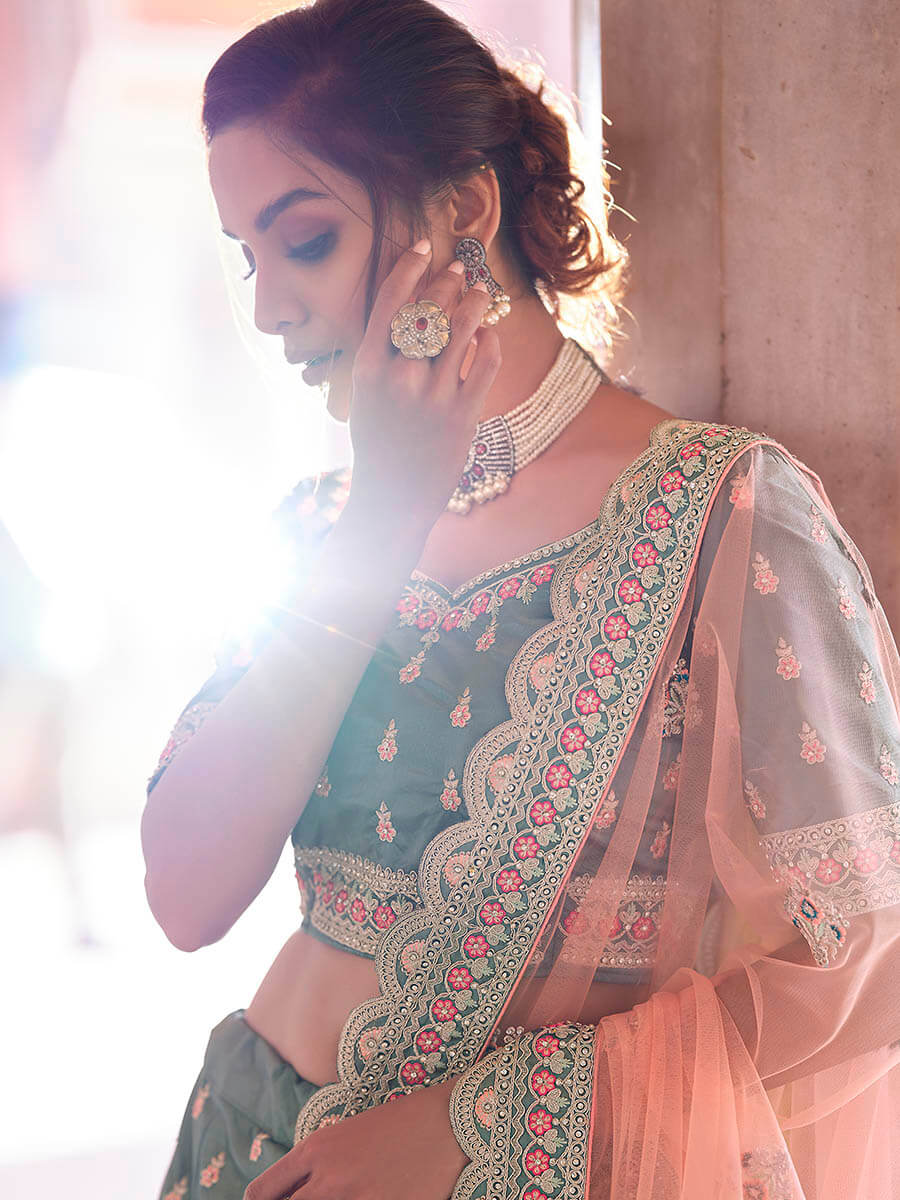 Myra Rama Green Embroidered Designer Lehenga Choli | Grocsy
