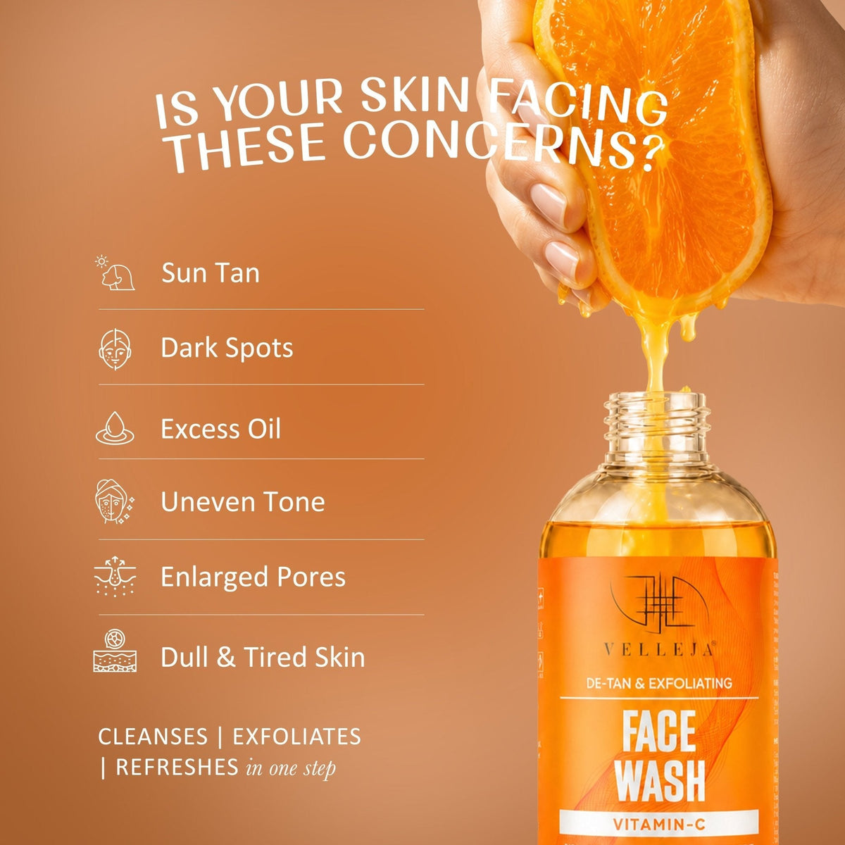 Velleja De-Tan & Exfoliating Face Wash | Vitamin C Tan Removal & Brightening Face Cleanser | Grocsy