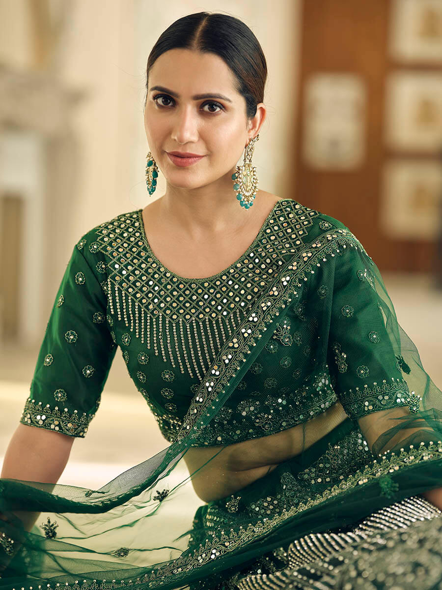 Myra Green Soft Net Embroidered Lehenga | Grocsy