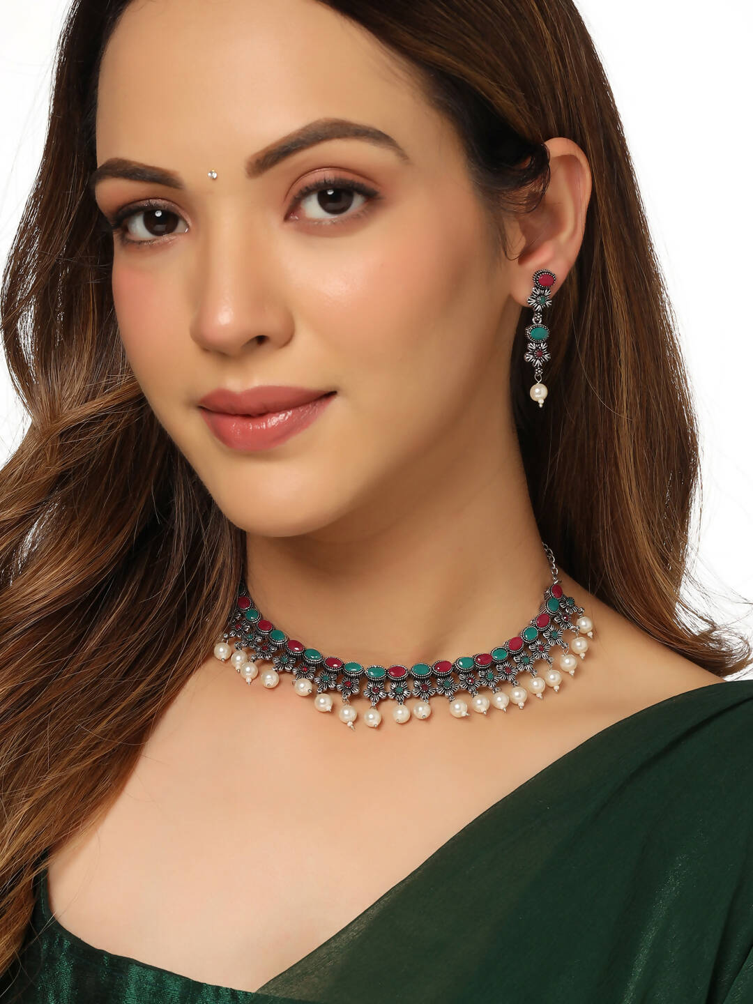 NVR Women Silver-Plated Stone Studded Oxidised Silver Jewellery Set | Grocsy