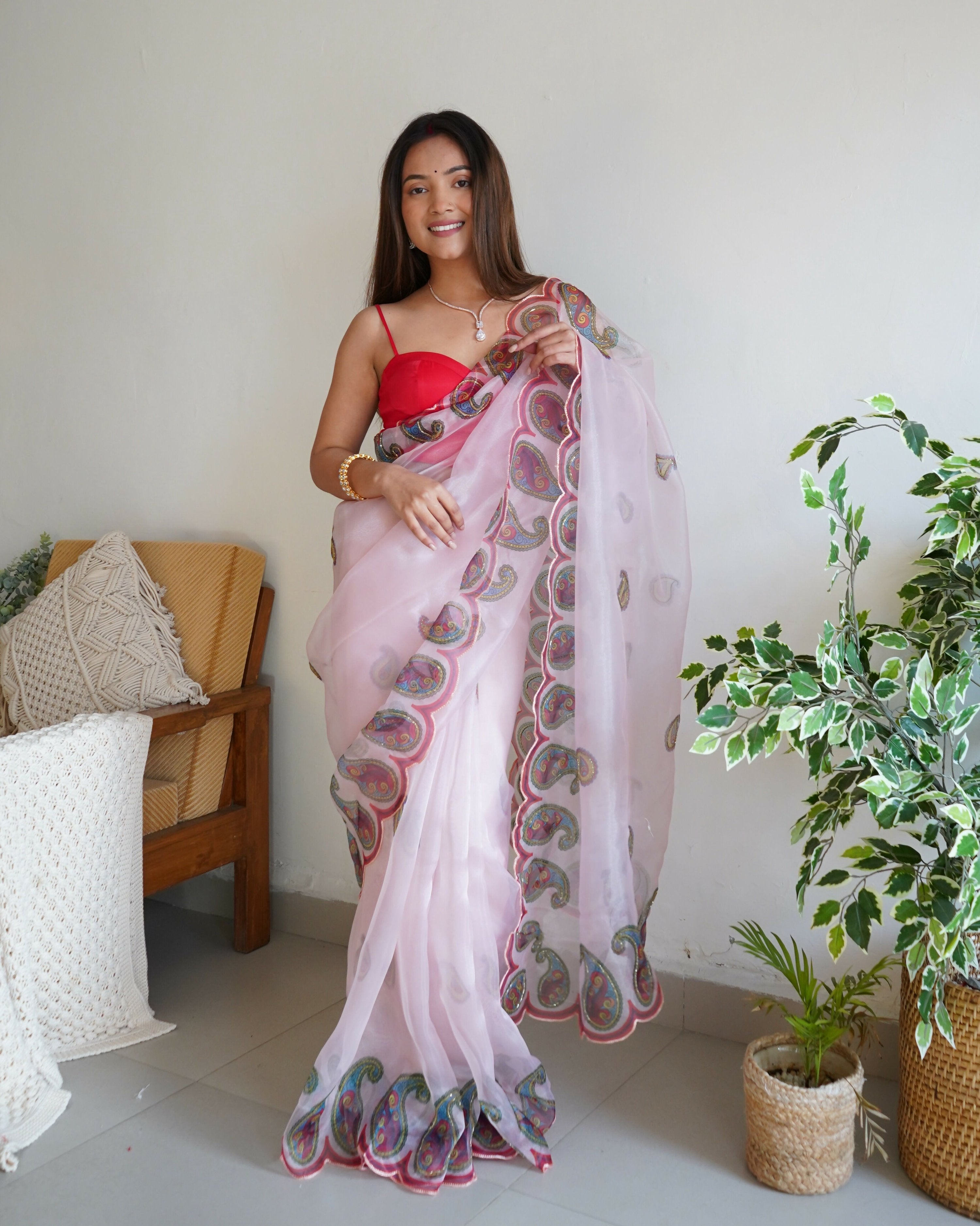 Vamsee Shivika Baby Pink Organza Saree | Grocsy