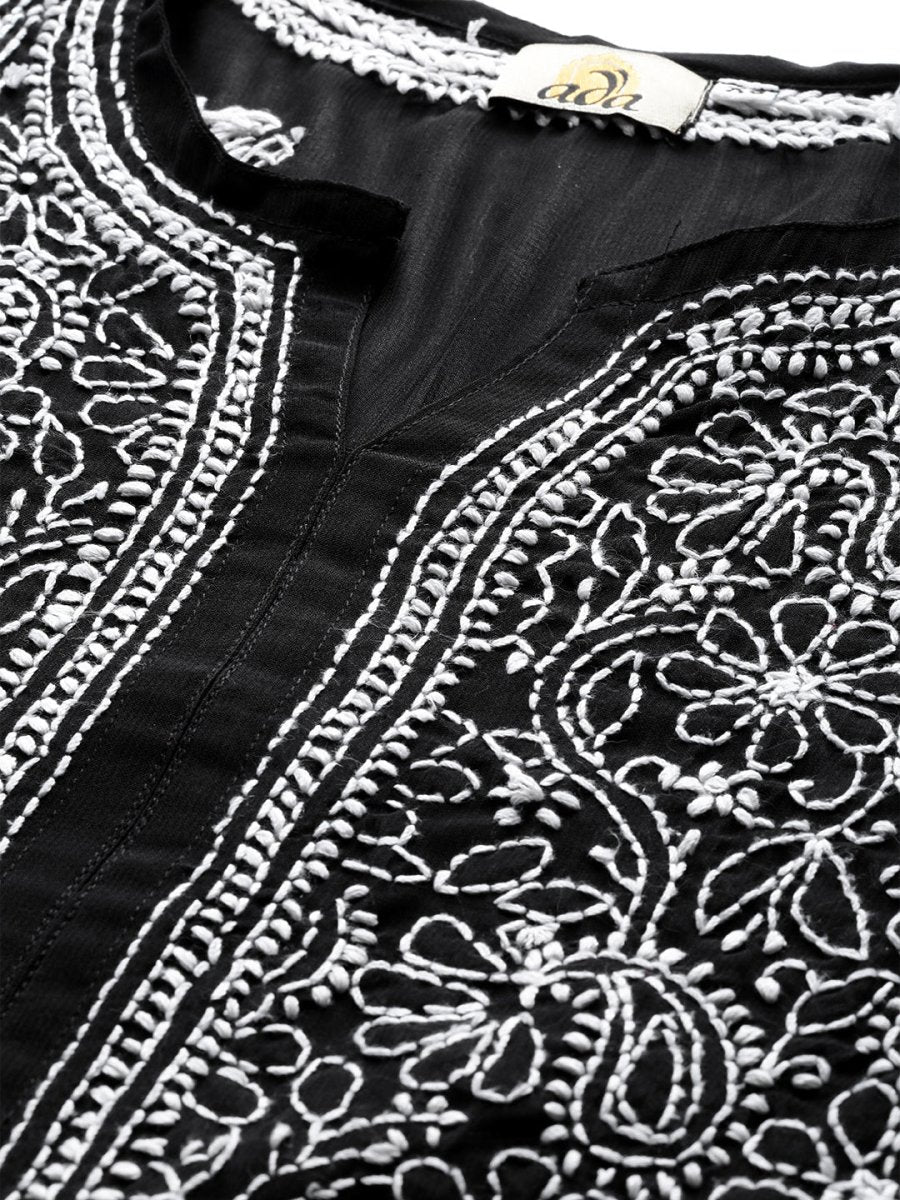 ADA Women Black & White Chikankari Hand Embroidered Semi-Sheer Straight Sustainable Handloom Kurta | Grocsy