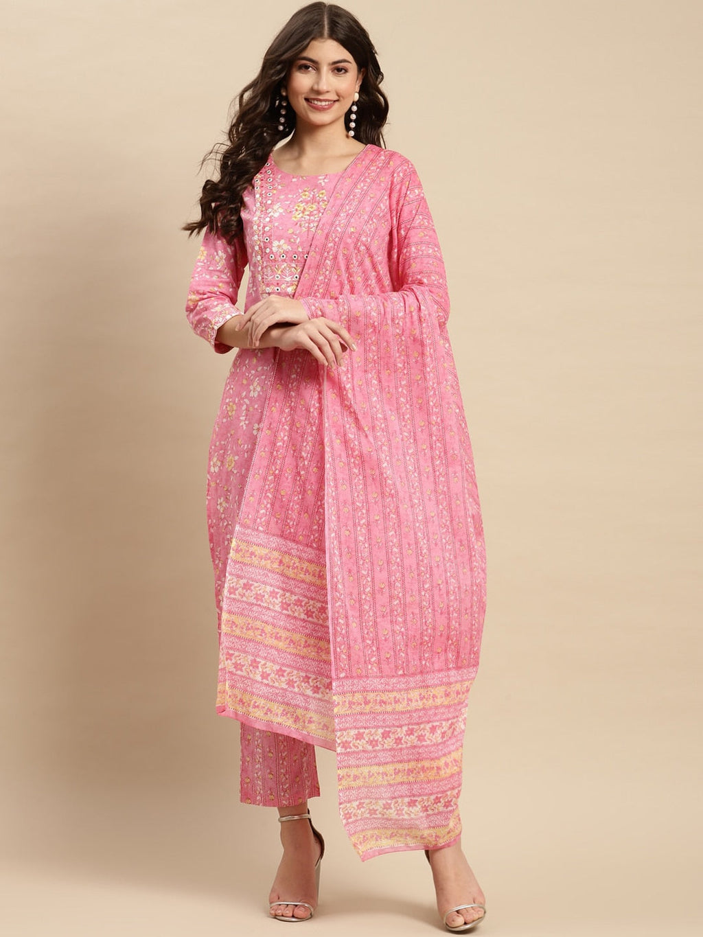 Sangria Floral Printed Pure-Cotton Straight Kurta With Trouser & Dupatta | Grocsy