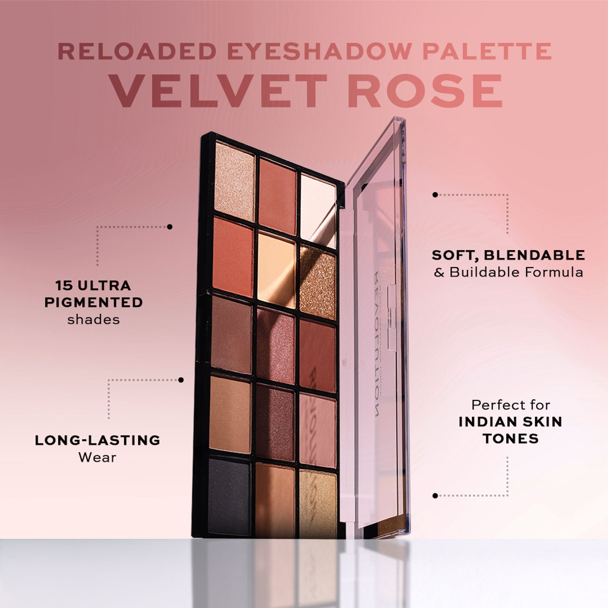 Makeup Revolution Reloaded Eyeshadow Palette-15 Smooth & Rich Shade-High Pay Off Formula - Velvet Rose | Grocsy