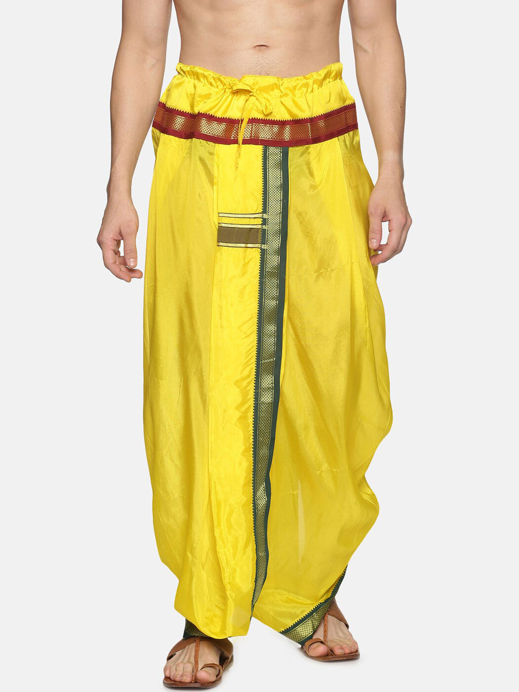 Sethukrishna Men Yellow & Green Solid Readymade Dhoti Pant | Grocsy
