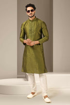 Raivat Ethnic Banarasi Art Silk Mirror Work Kurta Pajama In Green Colour | Grocsy