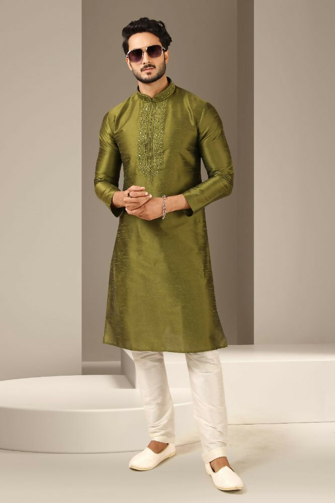 Raivat Ethnic Banarasi Art Silk Mirror Work Kurta Pajama In Green Colour | Grocsy