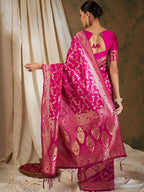 Sangria Pink & Gold-Toned Floral Woven Design Zari Banarasi Saree | Grocsy