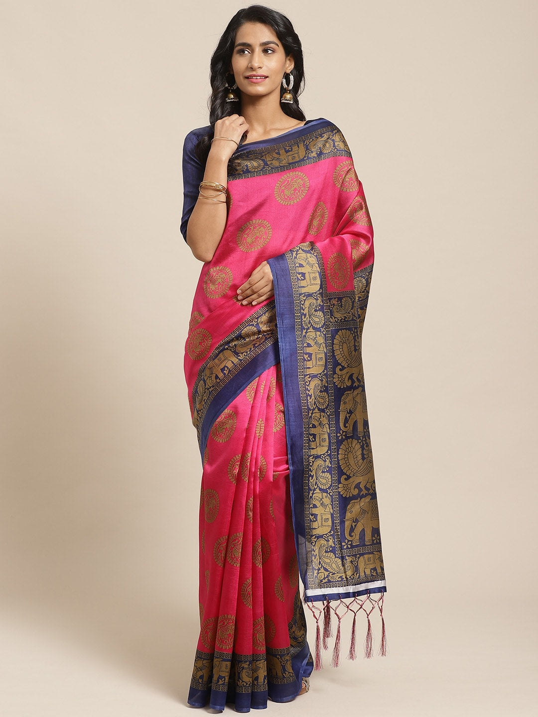 Saree Mall Pink & Beige Printed Bhagalpuri Saree | Grocsy