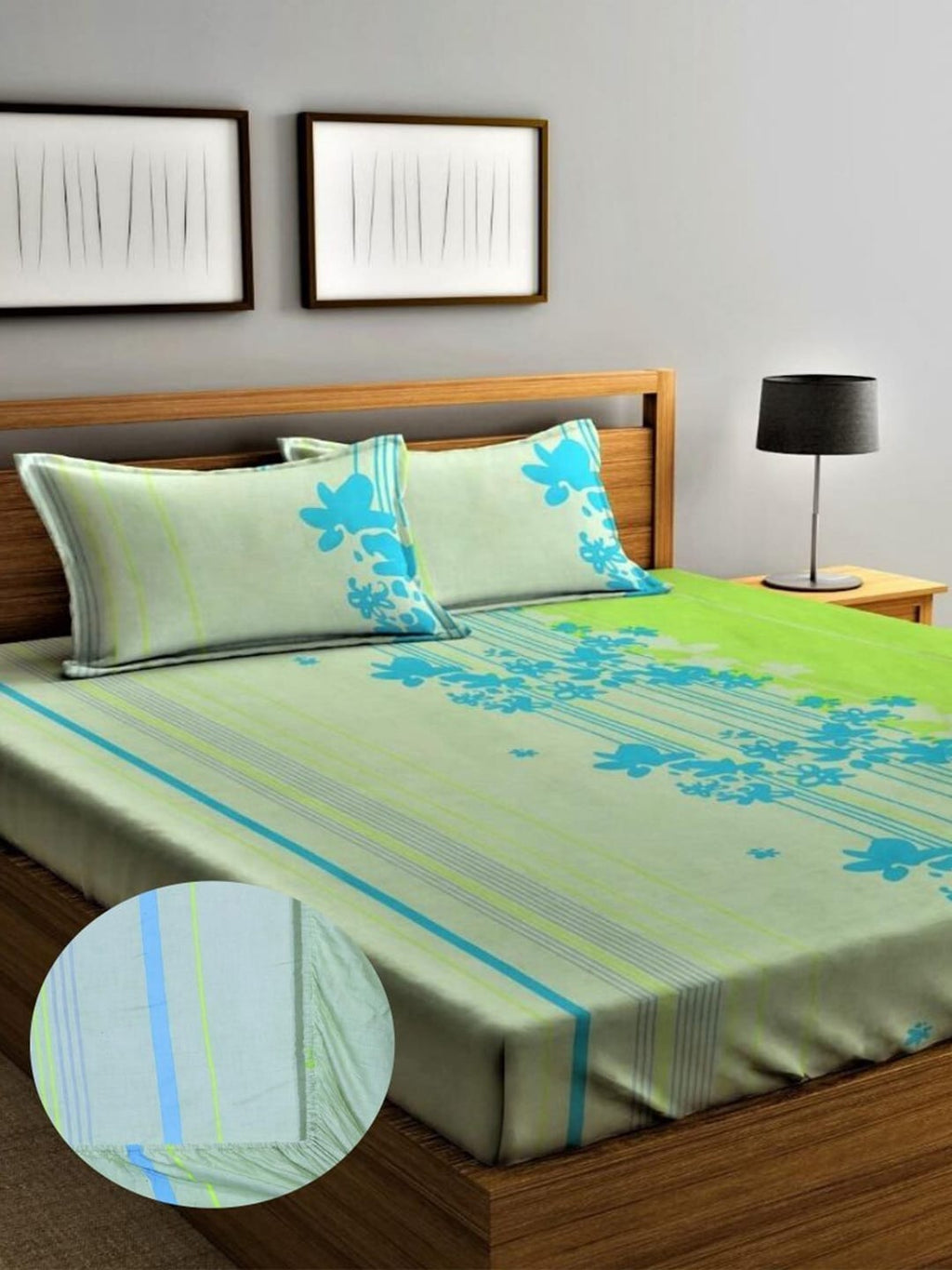 Home Sizzler Green & Blue Floral 210 TC Queen Bedsheet with 2 Pillow Covers | Grocsy