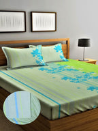Home Sizzler Green & Blue Floral 210 TC Queen Bedsheet with 2 Pillow Covers | Grocsy