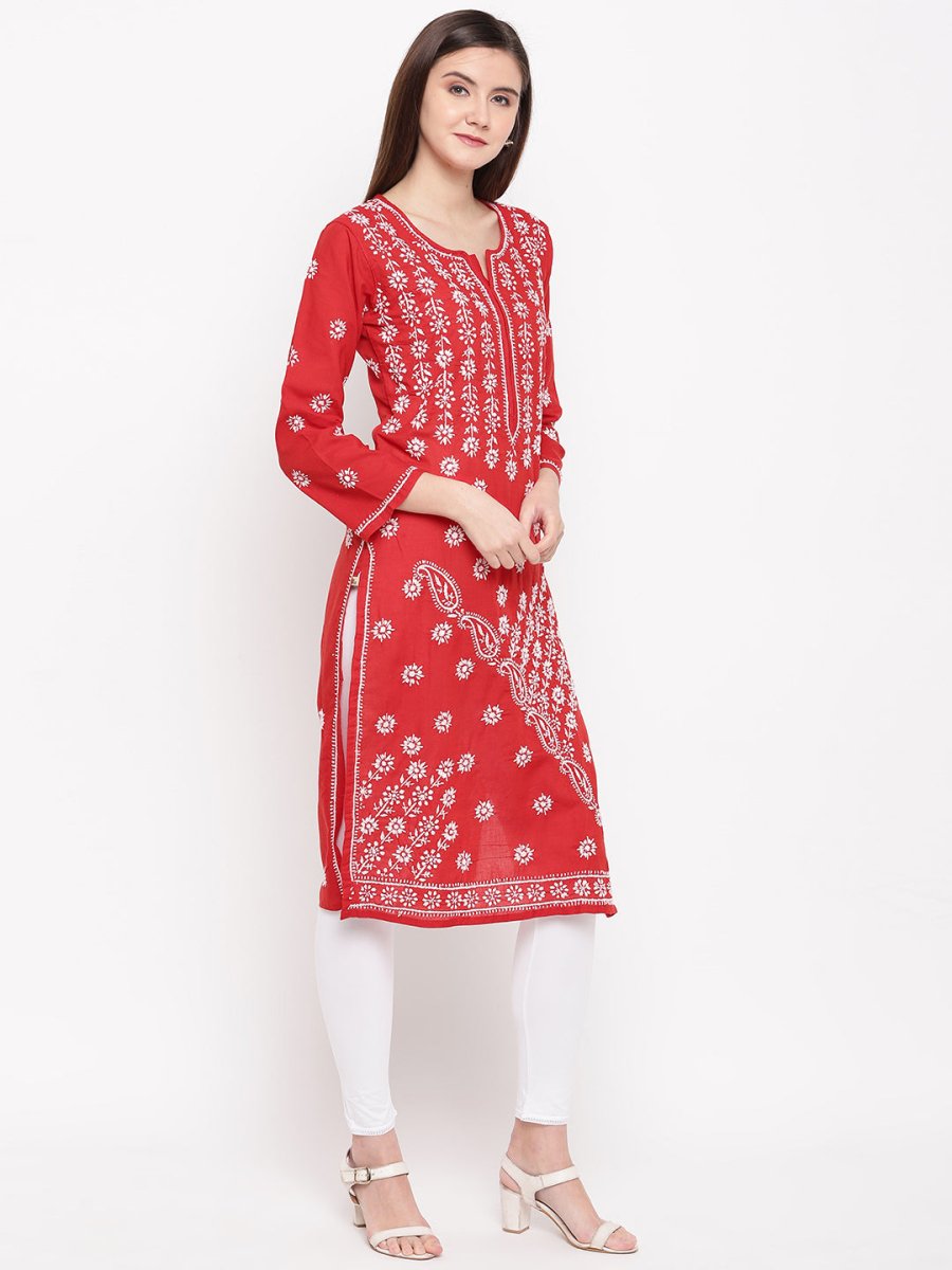 ADA Women Red & White Chikankari Hand Embroidered Straight Sustainable Kurta | Grocsy