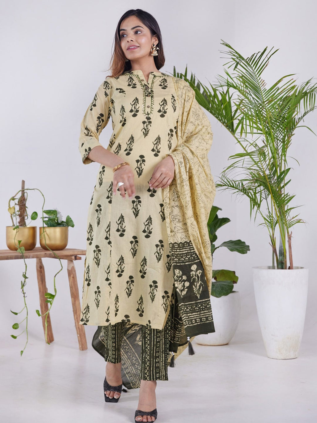 HERE&NOW Women Yellow Ethnic Motifs Printed Pleated Pure Cotton Kurti with Trousers & With Dupatta | Grocsy