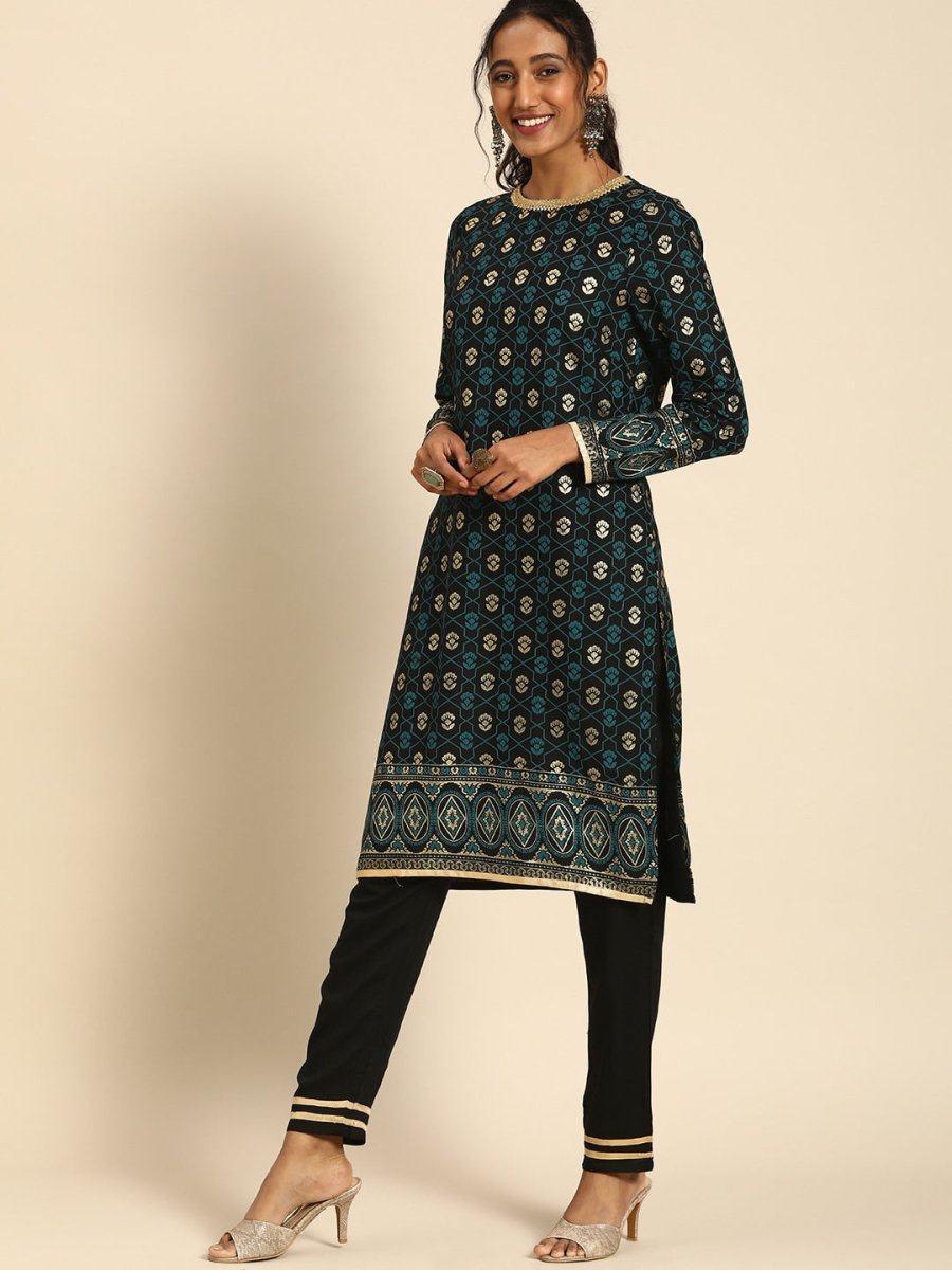 All About You Women Black & Gold-Toned Floral Printed Regular Kurta with Trousers | Grocsy