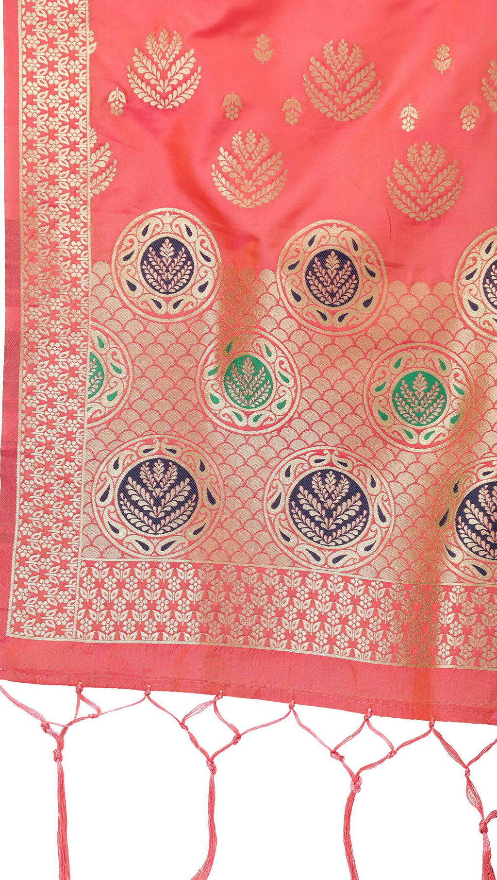 Mimosa Coral Peach & Gold-Toned Woven Design Dupatta | Grocsy